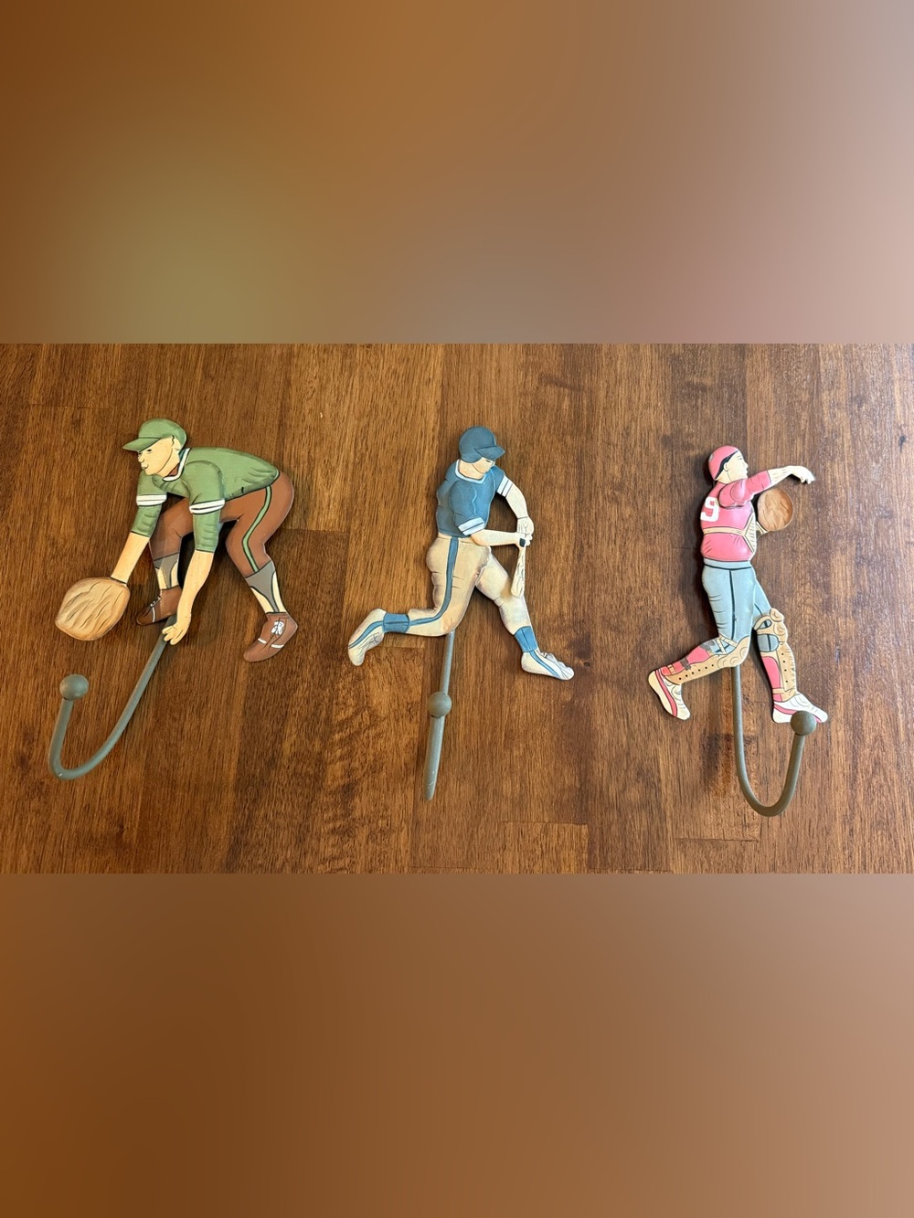 Vintage metal baseball player hitter, outfielder, catcher hooks set of 3